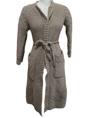 Vintage Hand Knit Longline Cardigan renaissance style Cable Knit Duster Belted S